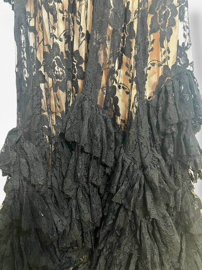 John Galliano, Spanish-Influenced Tiered Black Lace Bias-Cut Gown, 2010s