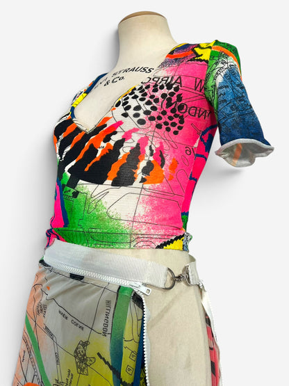 Christian Dior by John Galliano Fall/Winter 2001 neon graffiti London map print mesh skirt ensemble