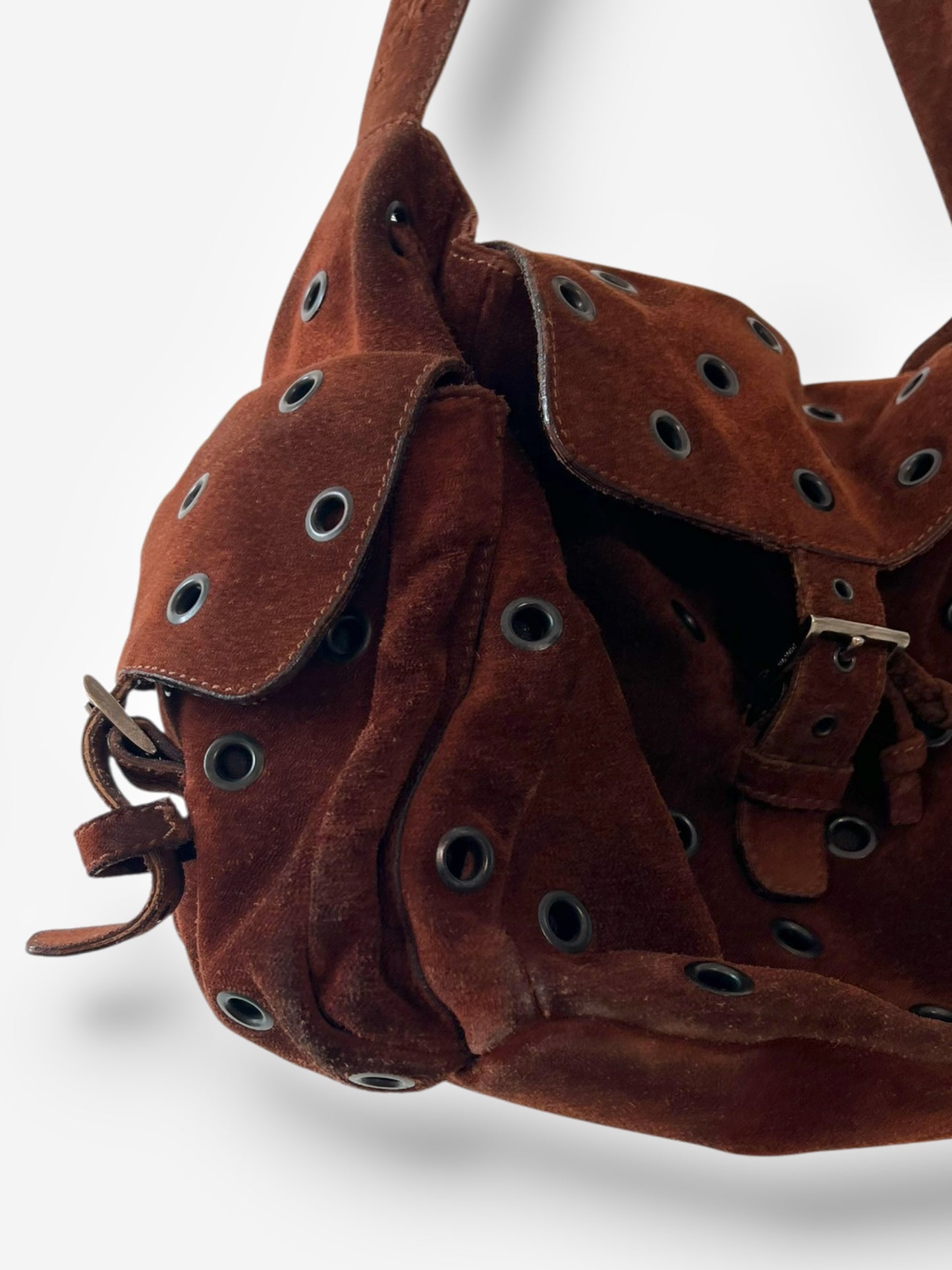 Prada F/W 1999 Brown Suede Grommet Shoulder Buckle Bag