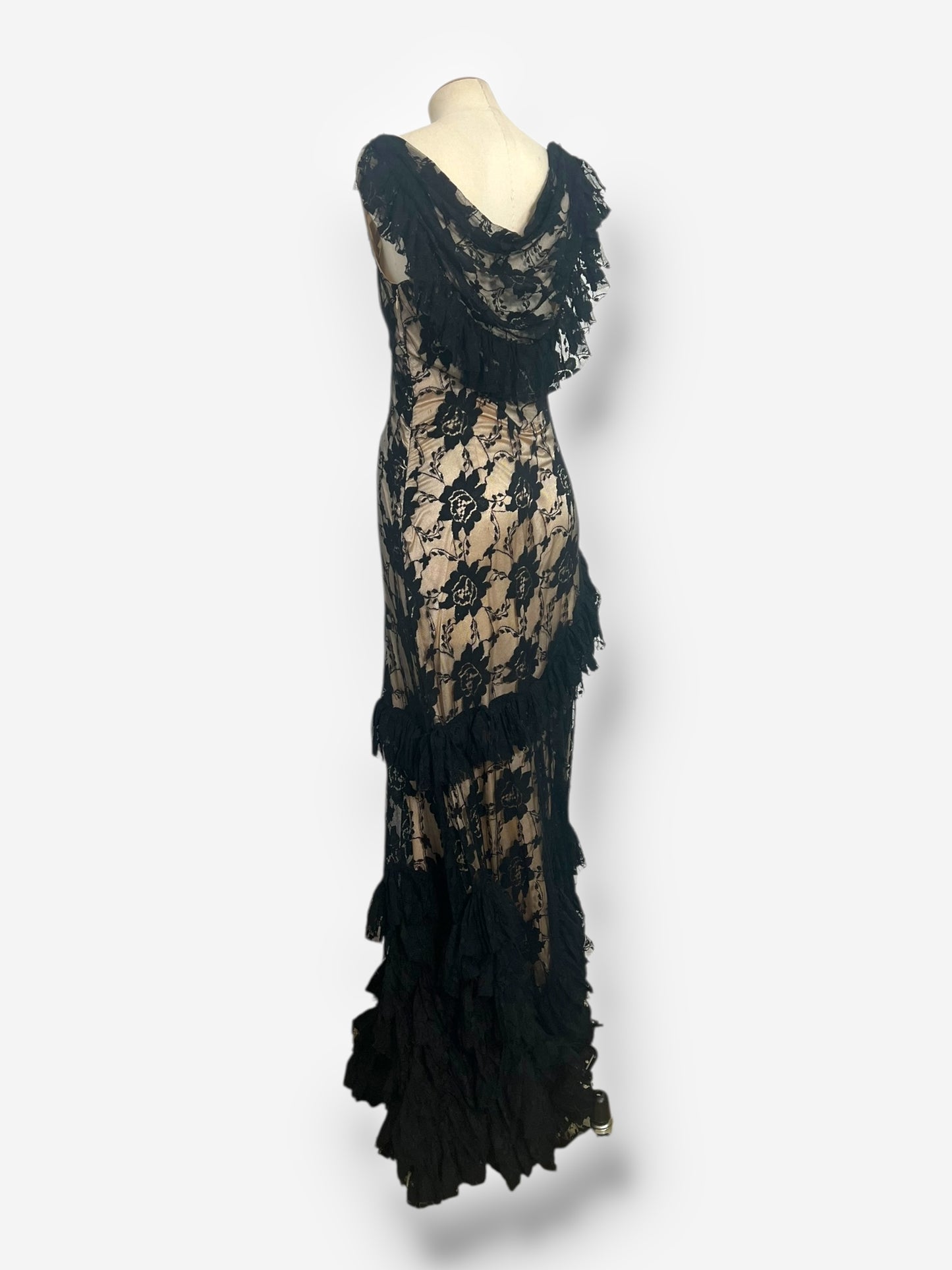 John Galliano, Spanish-Influenced Tiered Black Lace Bias-Cut Gown, 2010s