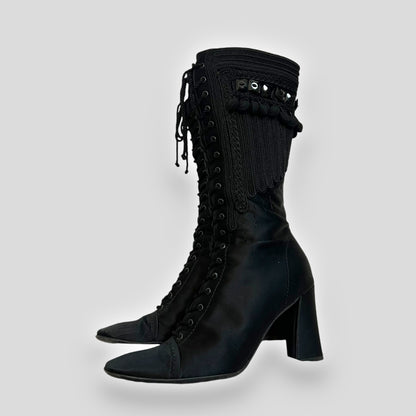 Prada Victorian-Inspired Satin and Leather Embroidered Knee-High Boots