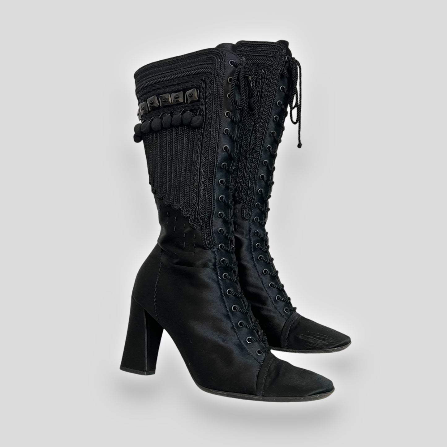 Prada Victorian-Inspired Satin and Leather Embroidered Knee-High Boots