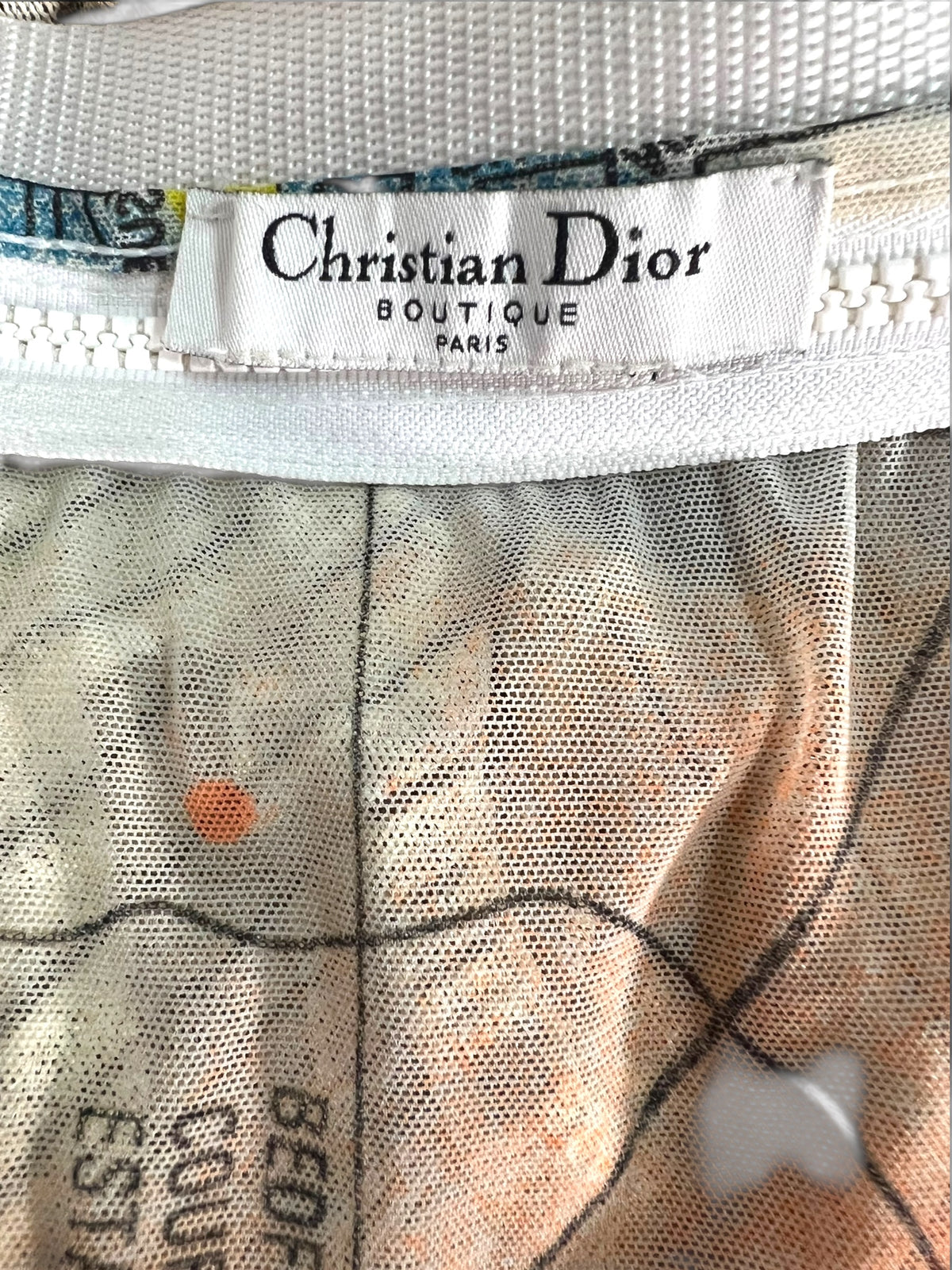 Christian Dior by John Galliano Fall/Winter 2001 neon graffiti London map print mesh skirt ensemble