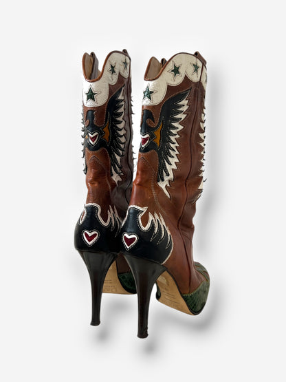 Dolce & Gabbana (D&G) Brown Leather Cowboy Boots with Butterfly Motif, Spring 2004