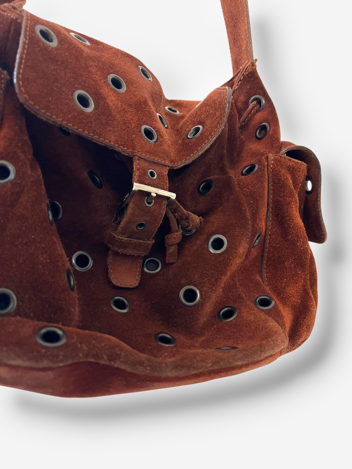 Prada F/W 1999 Brown Suede Grommet Shoulder Buckle Bag