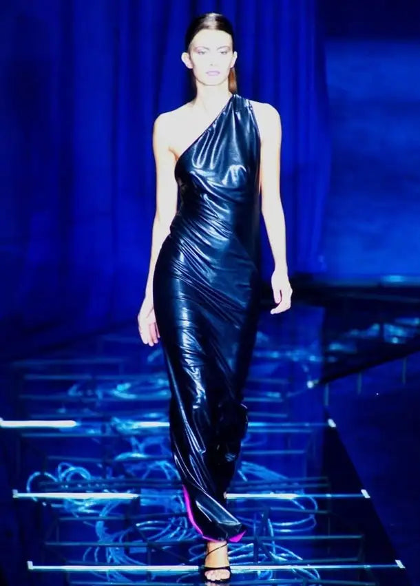 Gianni Versace S/S 1998 Runway Vintage Wet Liquid Look Cutout Evening Gown