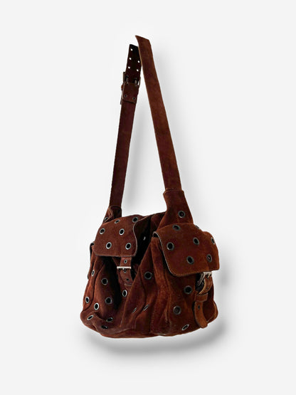Prada F/W 1999 Brown Suede Grommet Shoulder Buckle Bag