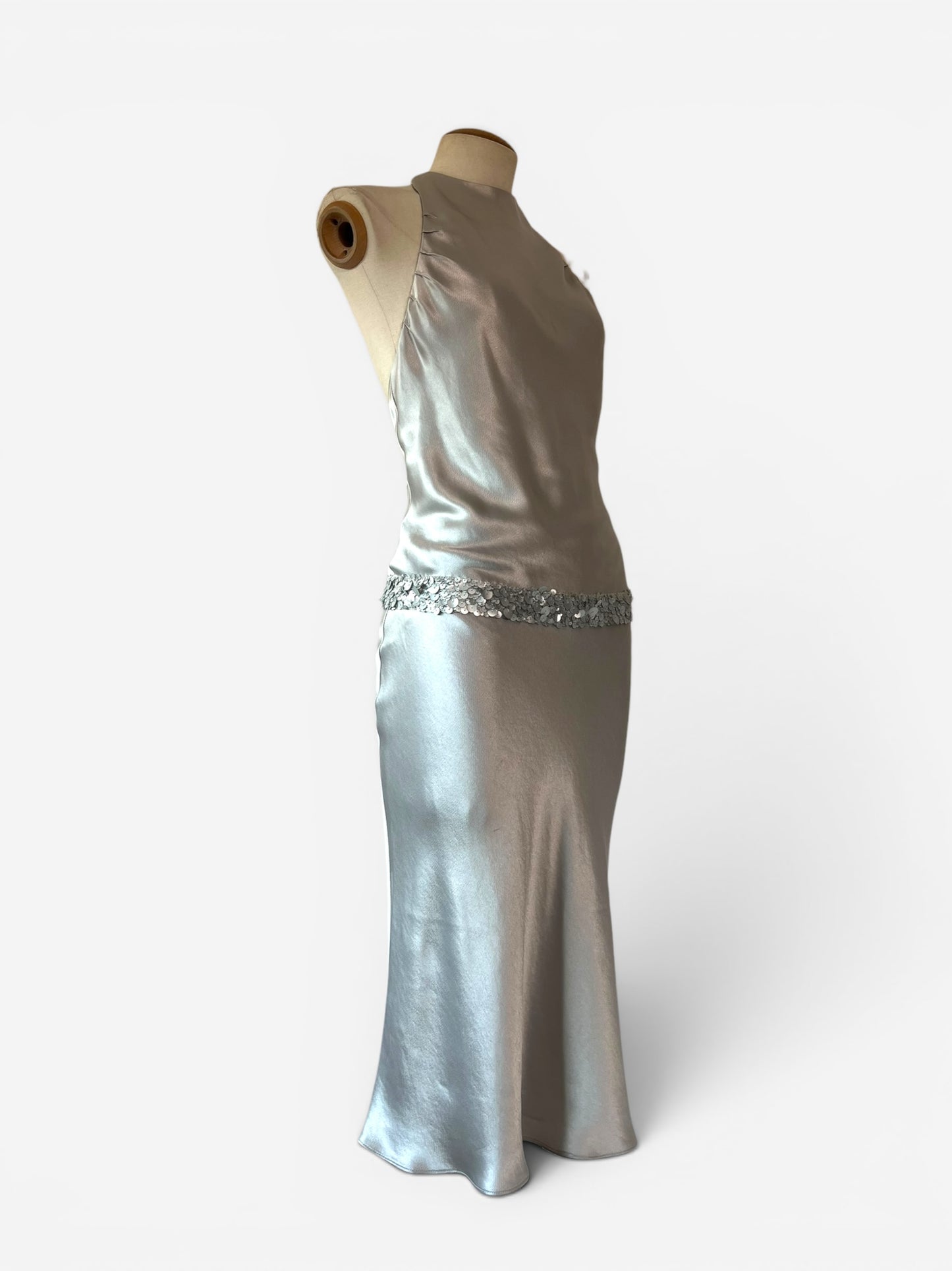 Vera Wang Silver Sequin Belted Halter Gown, 2000s (RENTAL)