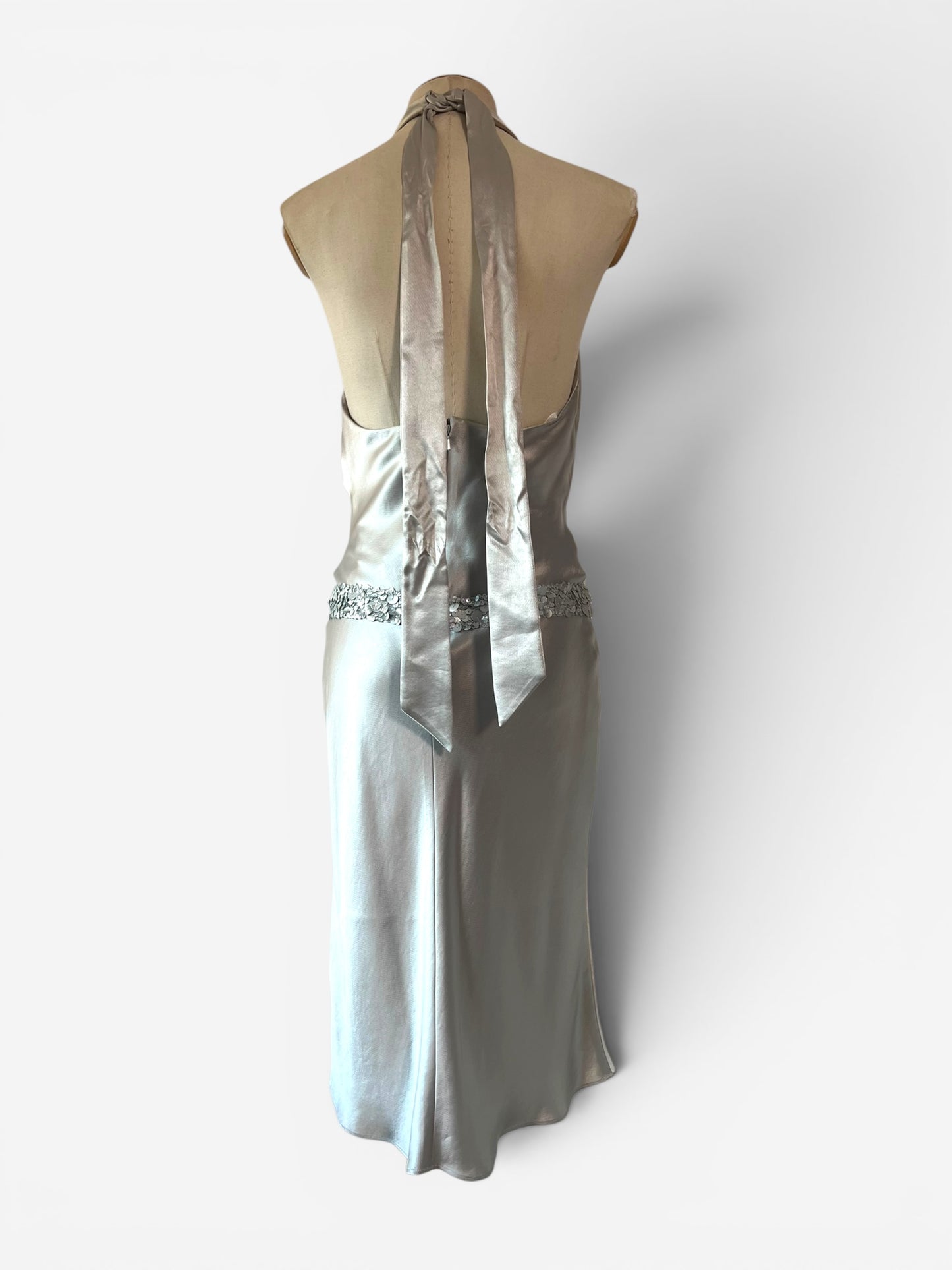 Vera Wang Silver Sequin Belted Halter Gown, 2000s (RENTAL)