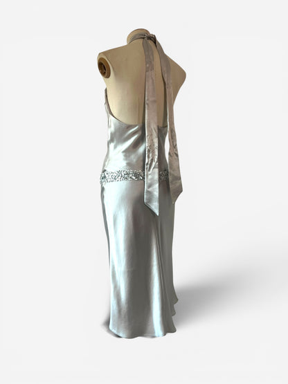 Vera Wang Silver Sequin Belted Halter Gown, 2000s (RENTAL)