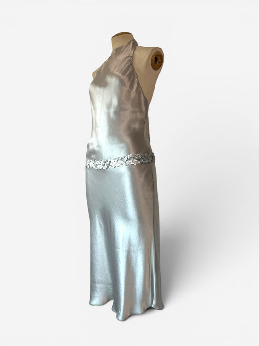 Vera Wang Silver Sequin Belted Halter Gown, 2000s (RENTAL)