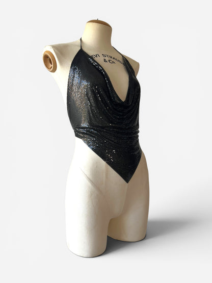 Whiting &amp; Davis Vintage Black Metal Mesh Halter Top, 1970s/1980s
