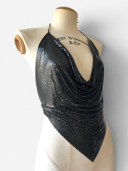 Whiting &amp; Davis Vintage Black Metal Mesh Halter Top, 1970s/1980s