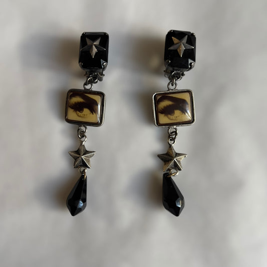 Jean Paul Gaultier Vintage Novelty "Eyes" Print Dangling Clip-On Earrings