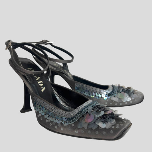 Prada 1999 sequin silvers/grey heels